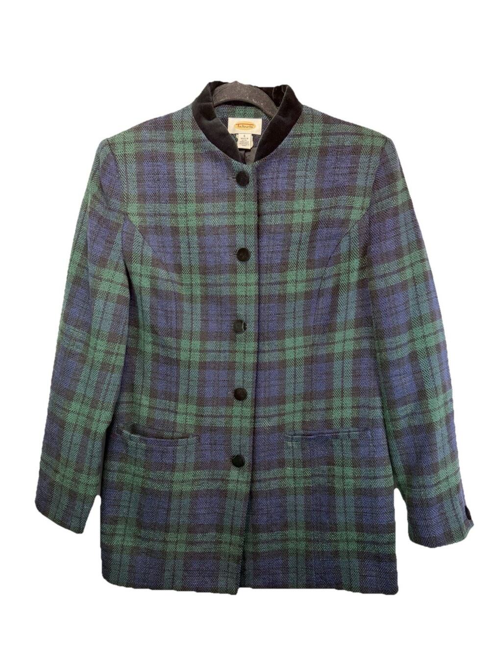 VTG Talbots Green Blue Tartan Plaid Wool Blend Sz 6 Blazer Velvet Collar